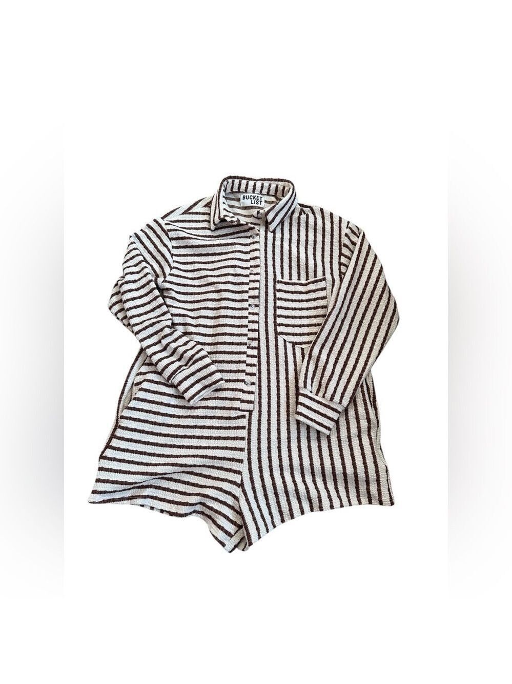 BUCKETLIST Brown and White Striped Collared Long Sleeve Romper Cotton Coastal S